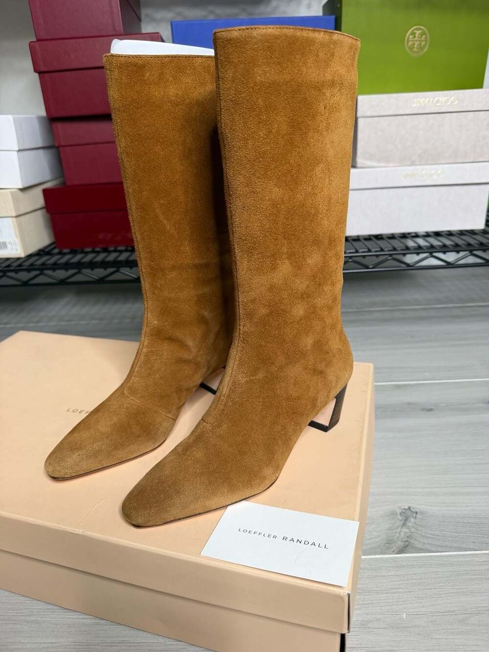 Loeffler Randall Cleo Cacao Suede Mid-Calf Boots Pointed Toe Block Heel